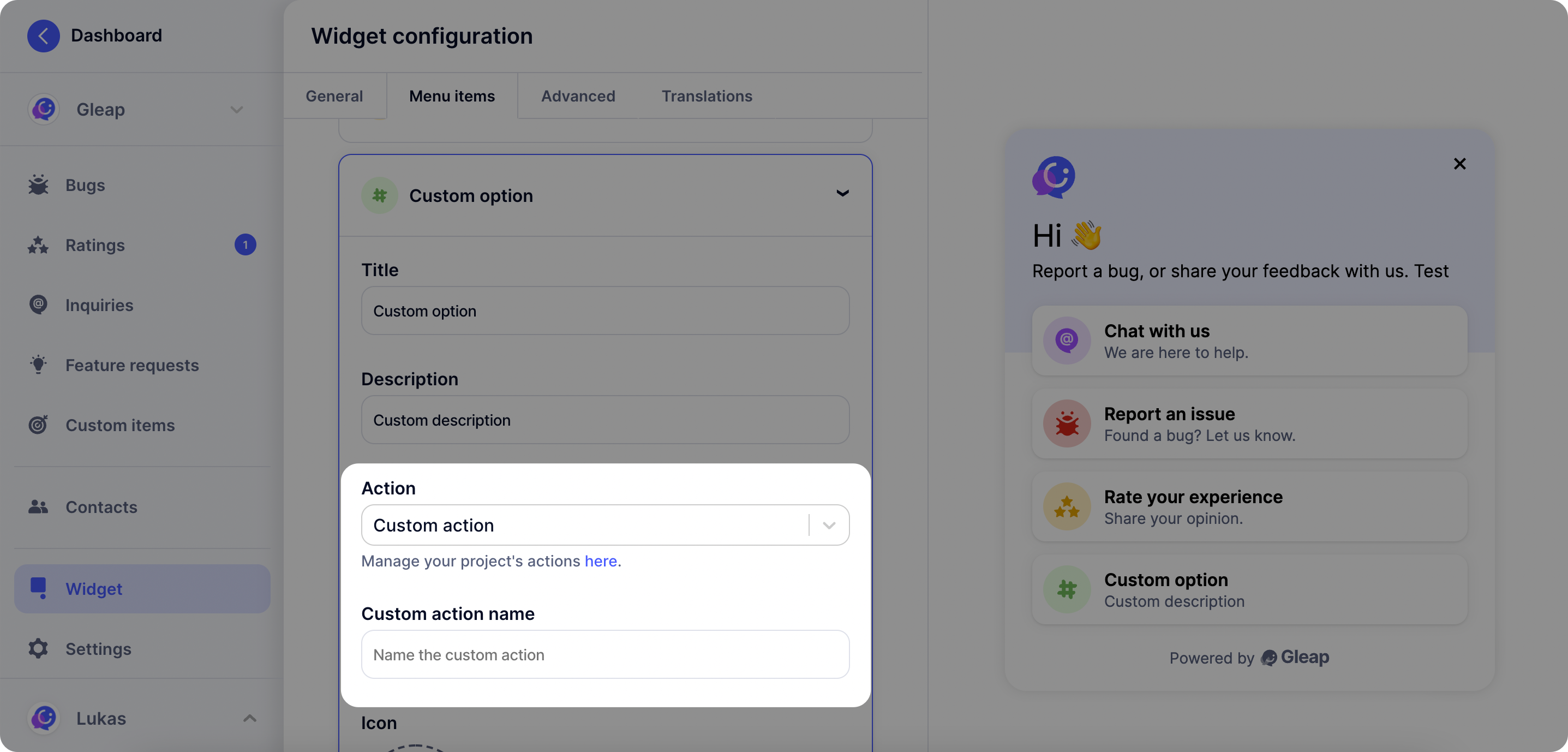 Setup custom actions in the Gleap dashboard.